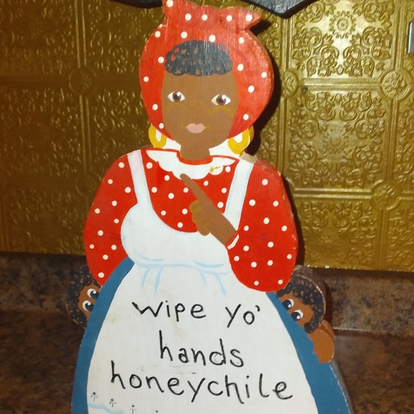 Vintage Wood Black American Folk Art Wipe Yo Hands Honeychile ❤ papertowel holdr